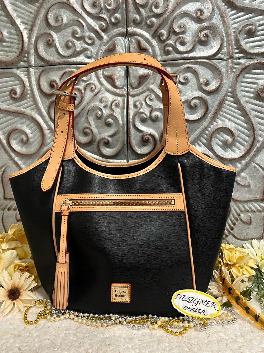 DOONEY & BOURKE Maddie Black Saffiano & Natural Tan Leather Tote Shoulder Bag
